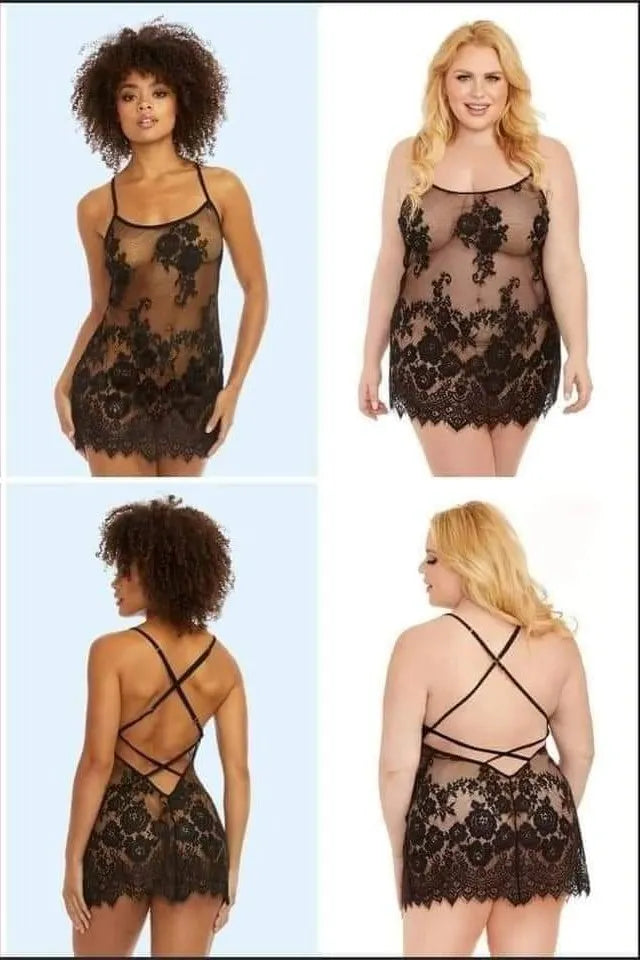 Black Floral & Lace Mesh Chemise (1P)