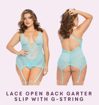 Lace Open-Back Garter Slip With G-String (2P)